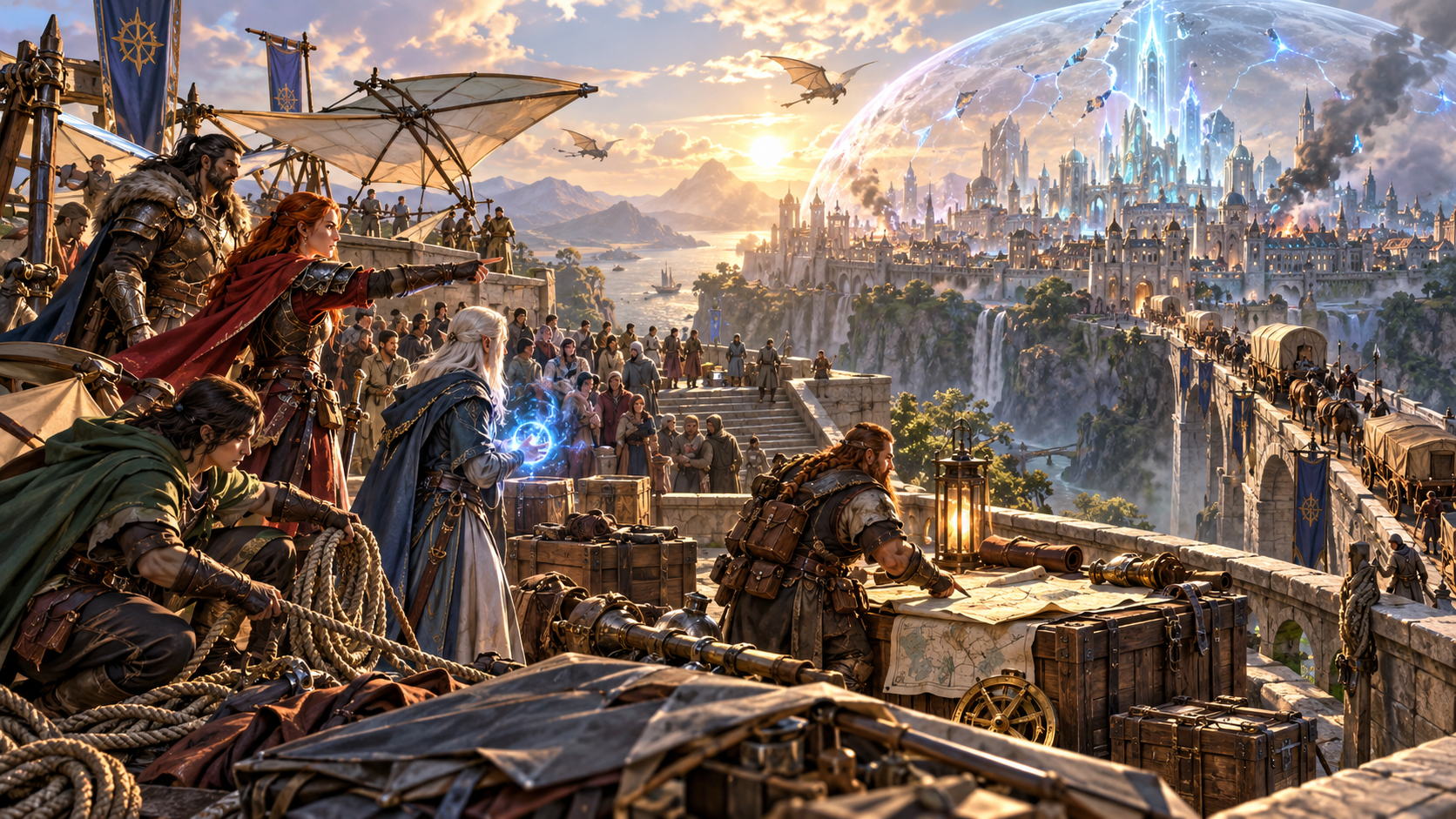 Evacuating crowds and supplies beside a map with a city under a cracking shield