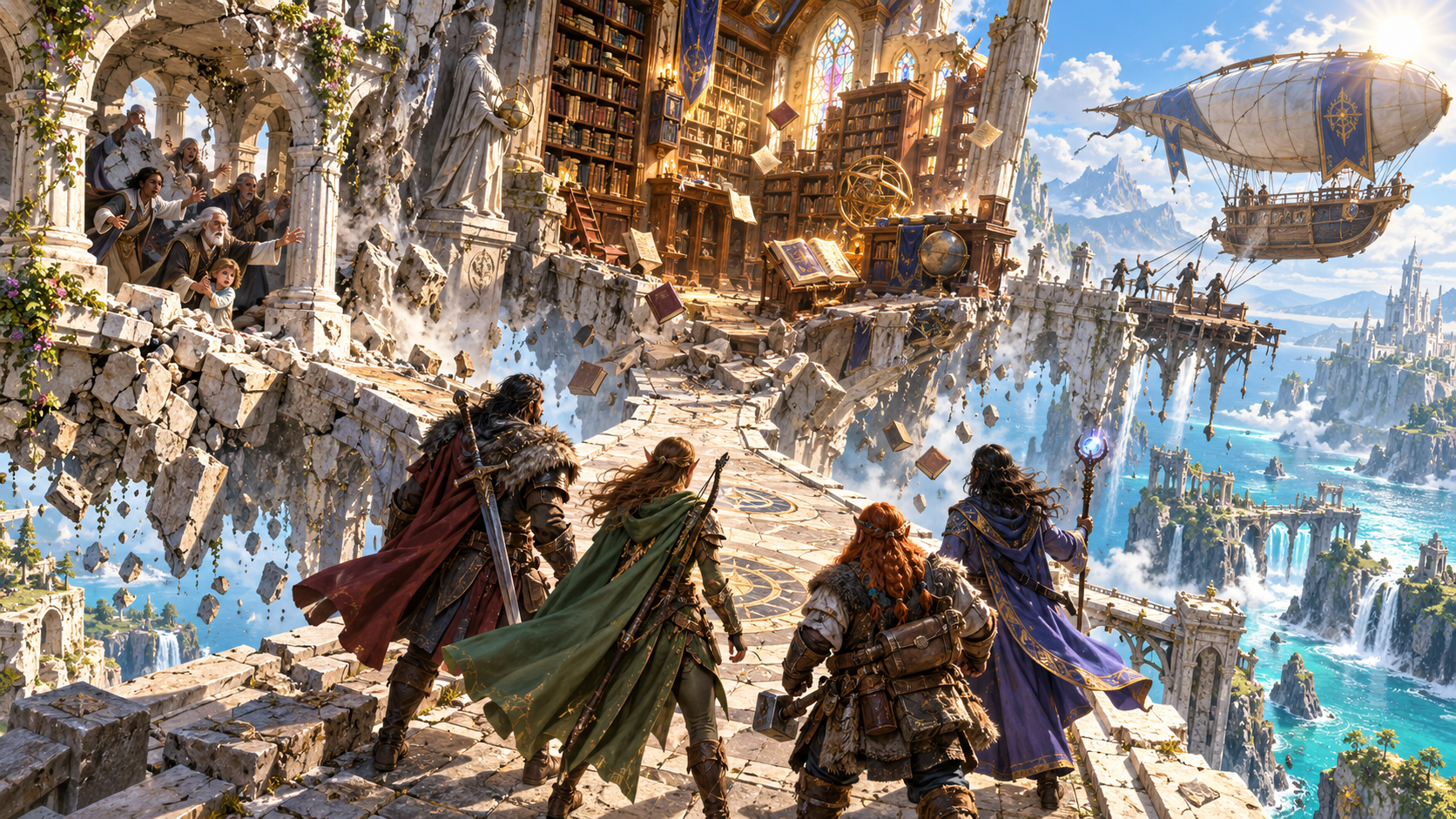 Crumbling refuge with people, falling library books and an airship beyond a broken pier
