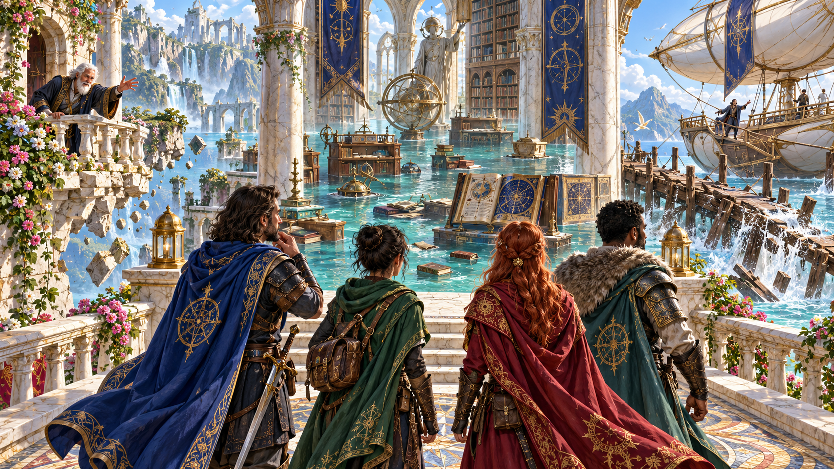 Party considering a stranded elder, a flooded library and an airship at a broken pier
