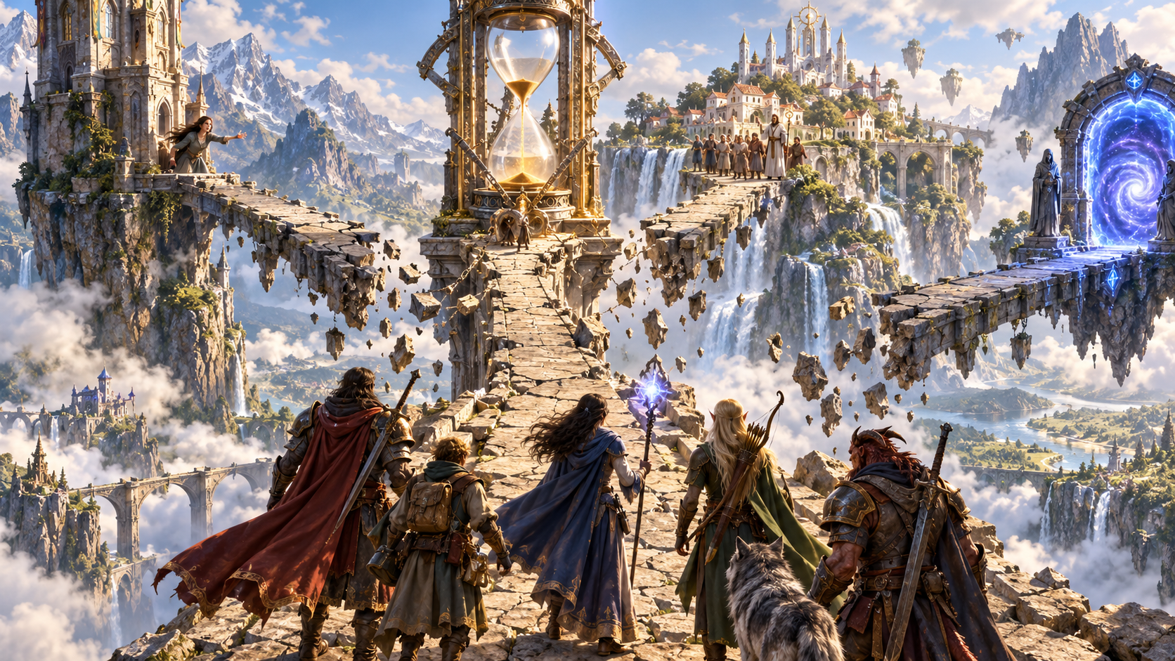 Three breaking paths toward a person, village and portal beneath an hourglass
